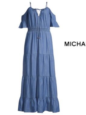 Michael Kors Chambray Cold-Shoulder Tiered Maxi Dress